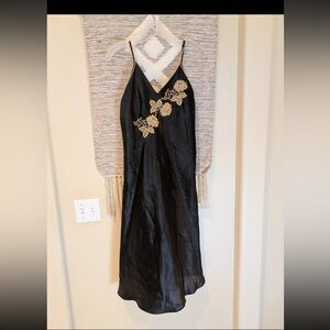 Halston Heritage Black and Gold Embellished Halter Slip Dress